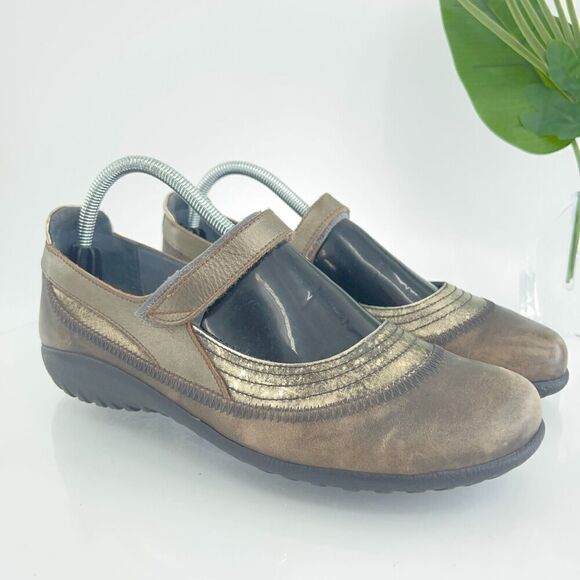 Naot Women Kirei Mary Jane Shoe Size 41 10 Flat Brown Gold Metallic Cork Insole - Picture 1 of 13